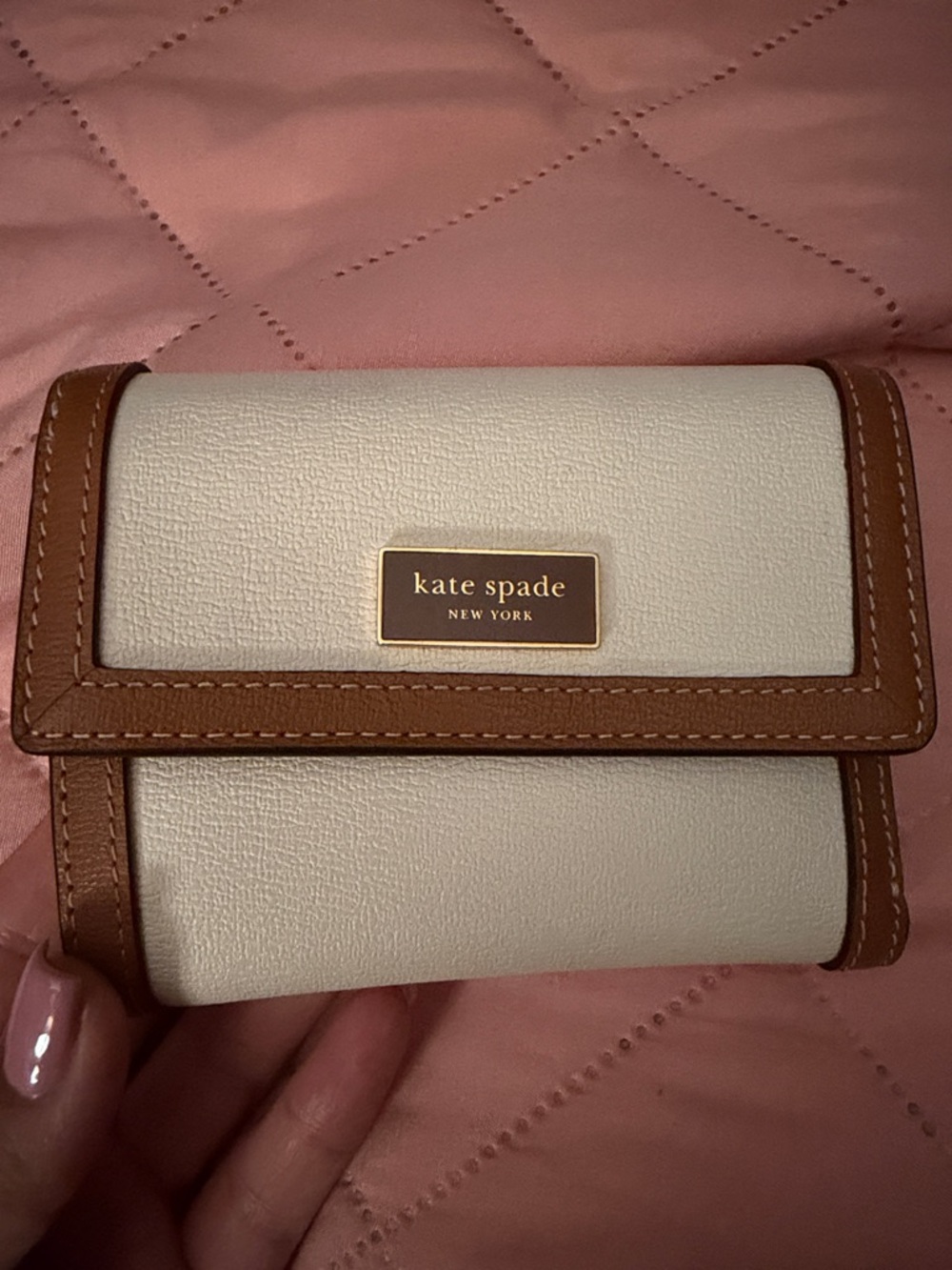 kate spade Cream and Brown Trifold Wallet with Gold Logo Plaque